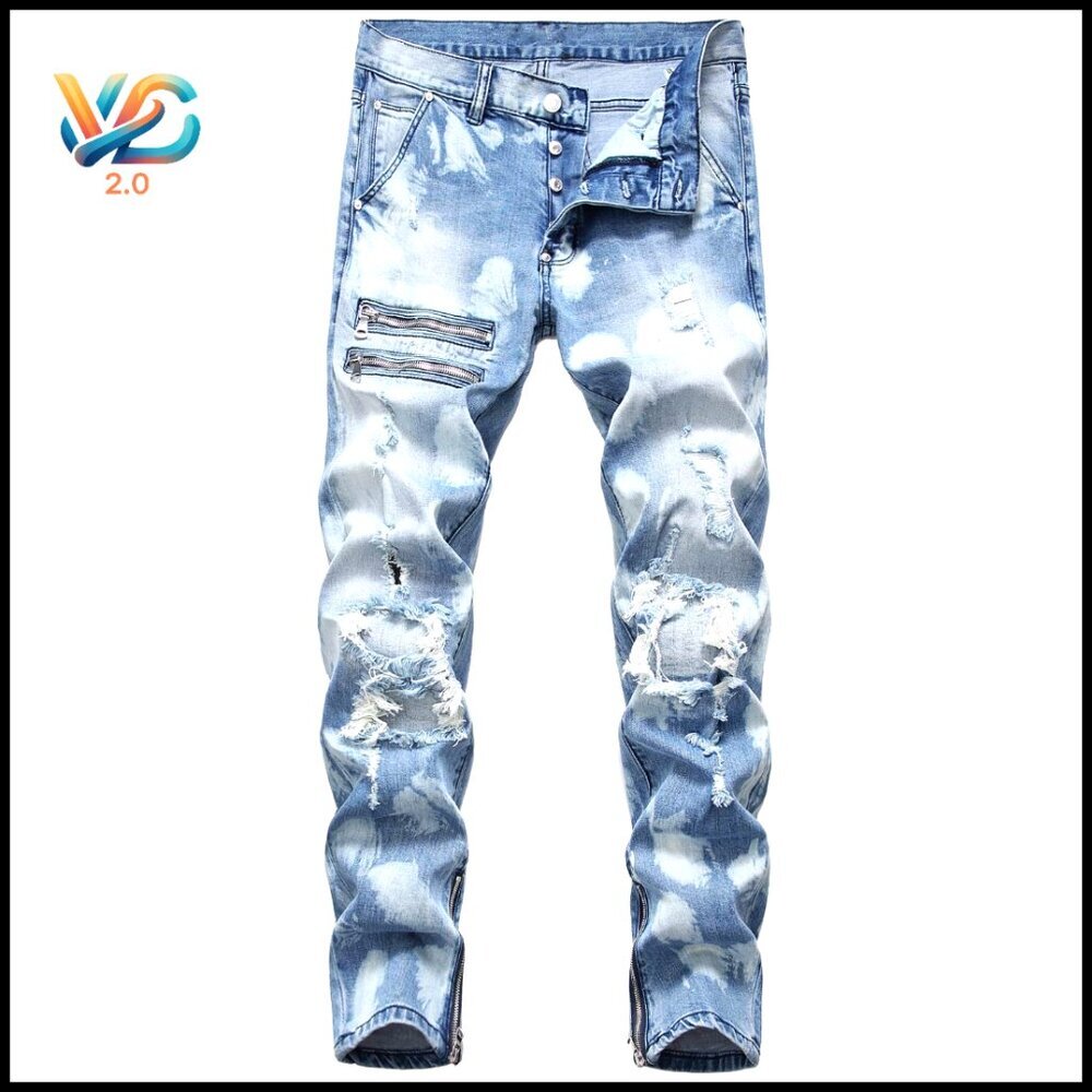 Men's Slim Fit Ripped Jeans Stretch‎ Denim Straight Leg Pants